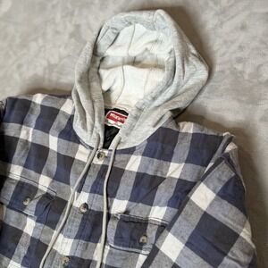 Wrangler Blue Plaid Flannel Quilted Lining Hooded Hoodie Jacket Shacket 2XL